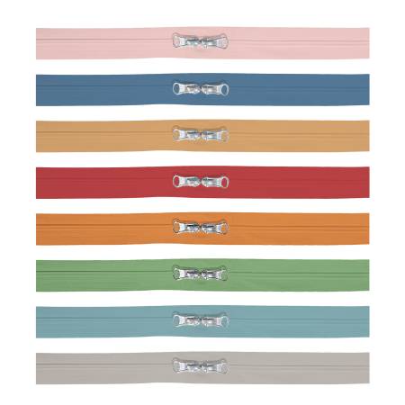 The Calico Zippers by Lori Holt of Bee in my Bonnet comes in a package of 8 different zippers in Lori's fun colors. - Each zipper is 1" x 16" and has 2 zipper pulls. 