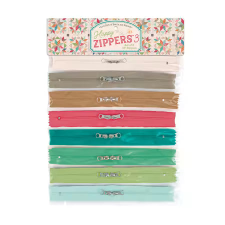 The Happy Zippers 3 by Lori Holt of Bee in my Bonnet comes in a package of 8 different zippers in Lori's fun colours. The Happy Zippers have polyester fabric tape, zinc alloy sliders and pulls, and nylon teeth.