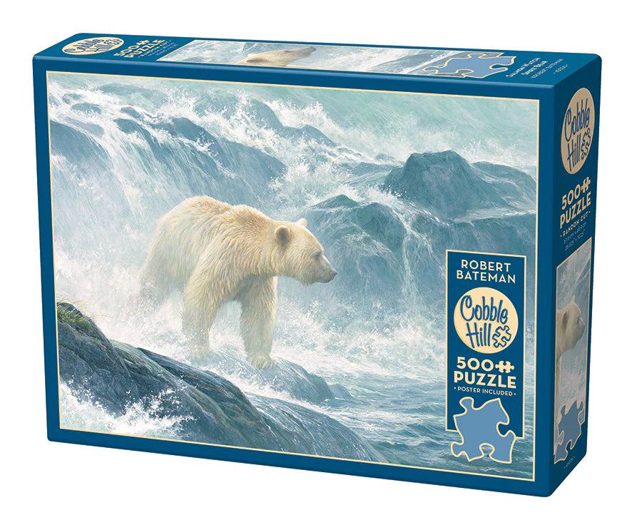 Salmon Watch - Spirit Bear - 500 Piece
From Cobble Hill
Salmon Watch Spirit Bear is a wildlife image by Robert Bateman created in a 500 piece puzzle. A white polar bear walks along a rocky surface of the water and behind him is a small waterfall cascading down creating a huge splash on what appears to be a misty day. Own a beautiful Bateman piece of art for your home by assembling this challenging wildlife puzzle.