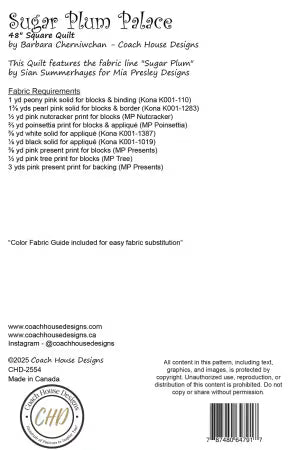 Sugar Plum Palace Pattern
From Coach House Designs
Printed Paper Pattern
Finished Size: 48inx 48in
Final Product: Wall Hanging
Paper Templates Included
Technique Used: Applique / Standard Machine Sewing
Skill Level: Intermediate