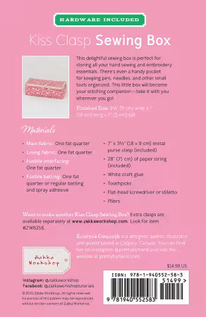 Kiss Clasp Sewing Box Kit
From Zakka Workshop
By Kristyne Czepuryk
Kit includes:
Printed Paper Pattern
One Rose Gold Metal Clasp 7in x 3.5in (18 x 9 cm)
Paper String for installation