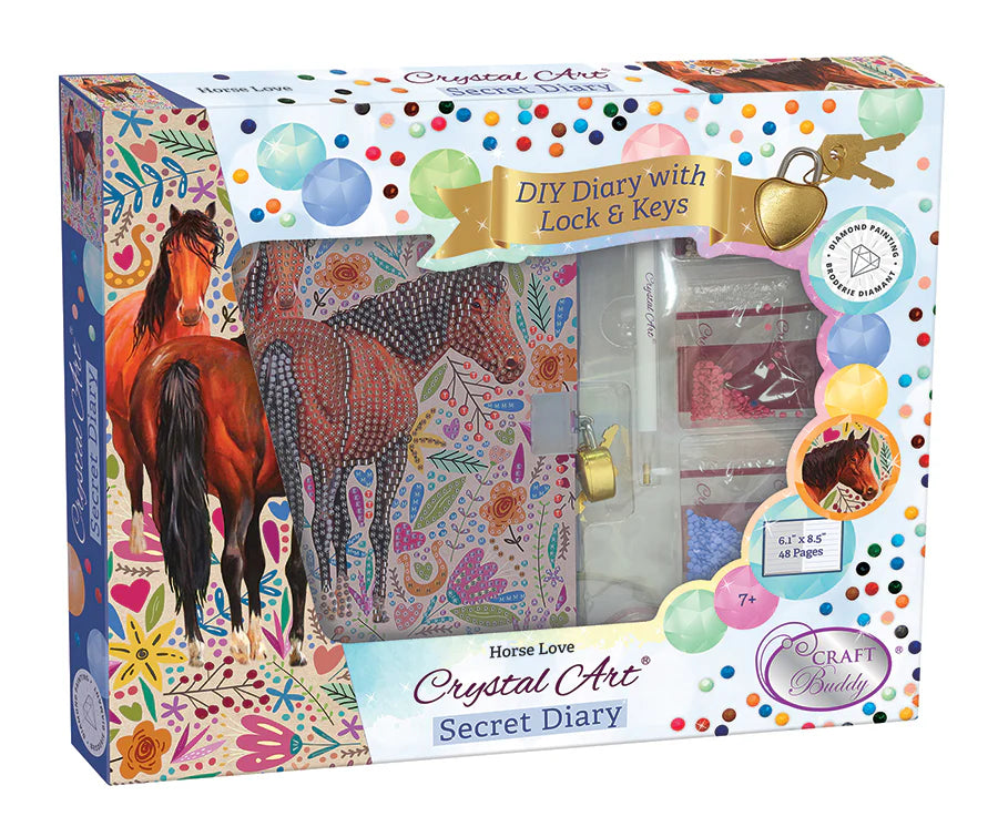 Secret Diary Kit-Horse Love-Crystal Art-A personal journal or notebook known as a "diary" is used to keep track of everyday experiences, thoughts, feelings, and reflections. It is a tool that gives people a platform for self-expression and personal development by enabling them to reflect on and document their lives. Imagine keeping a secret diary with a beautiful crystal art design and writing about your day in it. Each diary includes 48 lined pages and is 6.1" x 8.5"