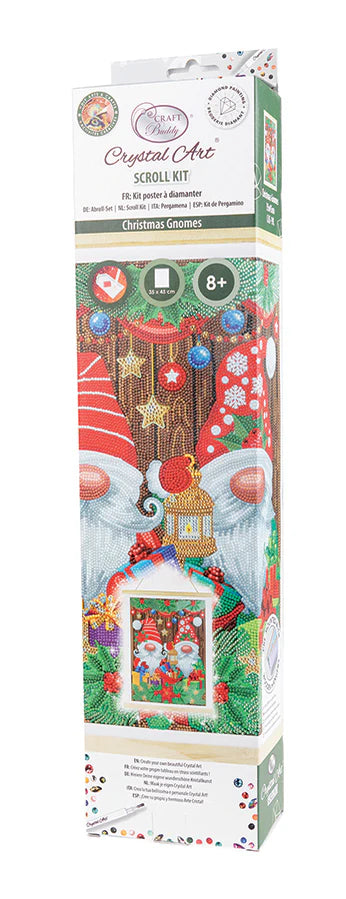 Scroll Kit-Christmas Gnomes - A delightful holiday-themed craft experience that brings the magic of Christmas to life with sparkling crystals and festive gnomes.
Imagine unrolling the scroll to reveal a charming scene filled with whimsical Christmas gnomes surrounded by presents, garlands, lanterns, and the timeless beauty of poinsettias. Each element is intricately detailed, waiting to be adorned with a dazzling array of crystals. 