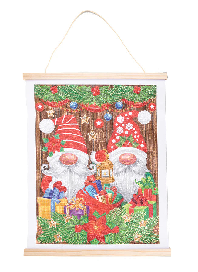 Scroll Kit-Christmas Gnomes - A delightful holiday-themed craft experience that brings the magic of Christmas to life with sparkling crystals and festive gnomes.
Imagine unrolling the scroll to reveal a charming scene filled with whimsical Christmas gnomes surrounded by presents, garlands, lanterns, and the timeless beauty of poinsettias. Each element is intricately detailed, waiting to be adorned with a dazzling array of crystals. 