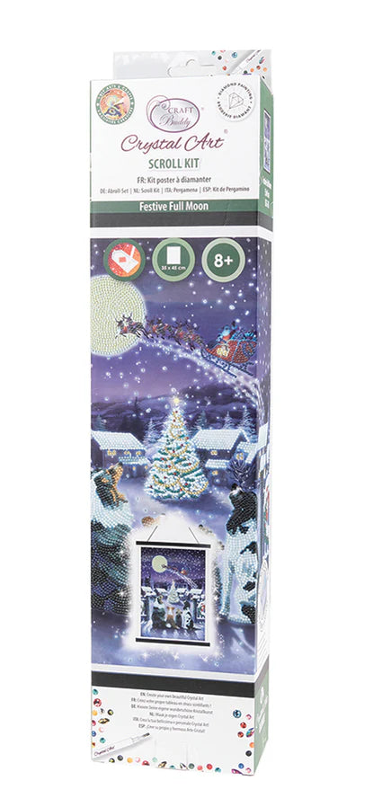 Scroll Kit-Festive Full Moon - Crystal Art-Behold our enchanting Crystal Art Scroll Kit, where the magic of Christmas comes to life in a captivating scene straight out of a winter wonderland tale. At the heart of the scene lies a quaint village nestled amidst a blanket of freshly fallen snow. In the center of the village square stands a majestic Christmas tree, adorned with twinkling lights and shimmering ornaments that cast a warm glow over the surrounding landscape.