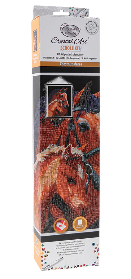 Scroll Kit-Chestnut Mares - Crystal Art-Introducing our breathtaking Crystal Art Scroll Kit, featuring the majestic beauty of "Chestnut Mares." Unroll the scroll and immerse yourself in a scene that captures the grace, strength, and bond between two magnificent horses.
Each kit is 13.77" x 17.71". Suitable for ages 8+ | 4- 6 hours