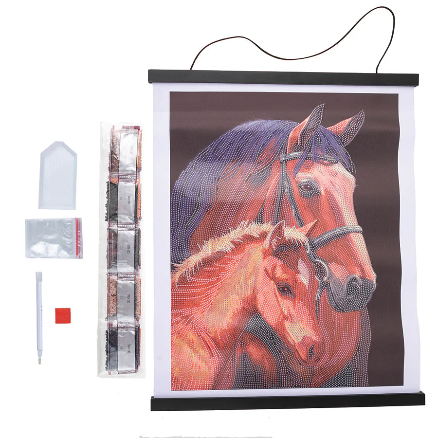 Scroll Kit-Chestnut Mares - Crystal Art-Introducing our breathtaking Crystal Art Scroll Kit, featuring the majestic beauty of "Chestnut Mares." Unroll the scroll and immerse yourself in a scene that captures the grace, strength, and bond between two magnificent horses.
Each kit is 13.77" x 17.71". Suitable for ages 8+ | 4- 6 hours