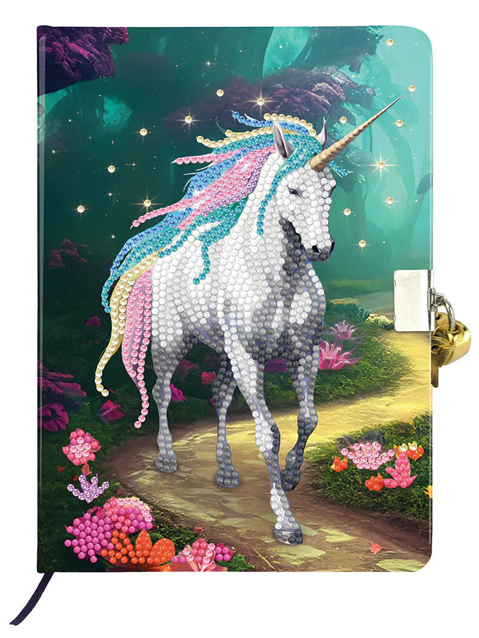 Secret Diary Kit-Unicorn Stroll-Crystal Art-A personal journal or notebook known as a "diary" is used to keep track of everyday experiences, thoughts, feelings, and reflections. It is a tool that gives people a platform for self-expression and personal development by enabling them to reflect on and document their lives. Imagine keeping a secret diary with a beautiful crystal art design and writing about your day in it. Each diary includes 48 lined pages and is 6.1" x 8.5"