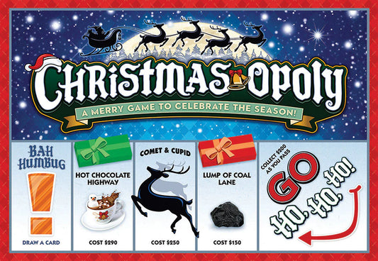 Christmas-Opoly Board Game-
Celebrate the holiday season with Santa and his reindeer in Christmas-Opoly! Enjoy all the fun of the classic game, but with a festive twist; you may even catch a glimpse of Santa himself as you go around the board! So ho-ho-ho - let the Christmas cheer begin!