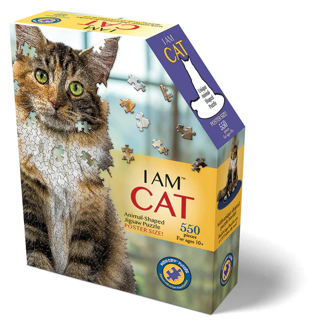 I am a cat 500 piece shaped puzzle by Madd Capp. 30"x30"