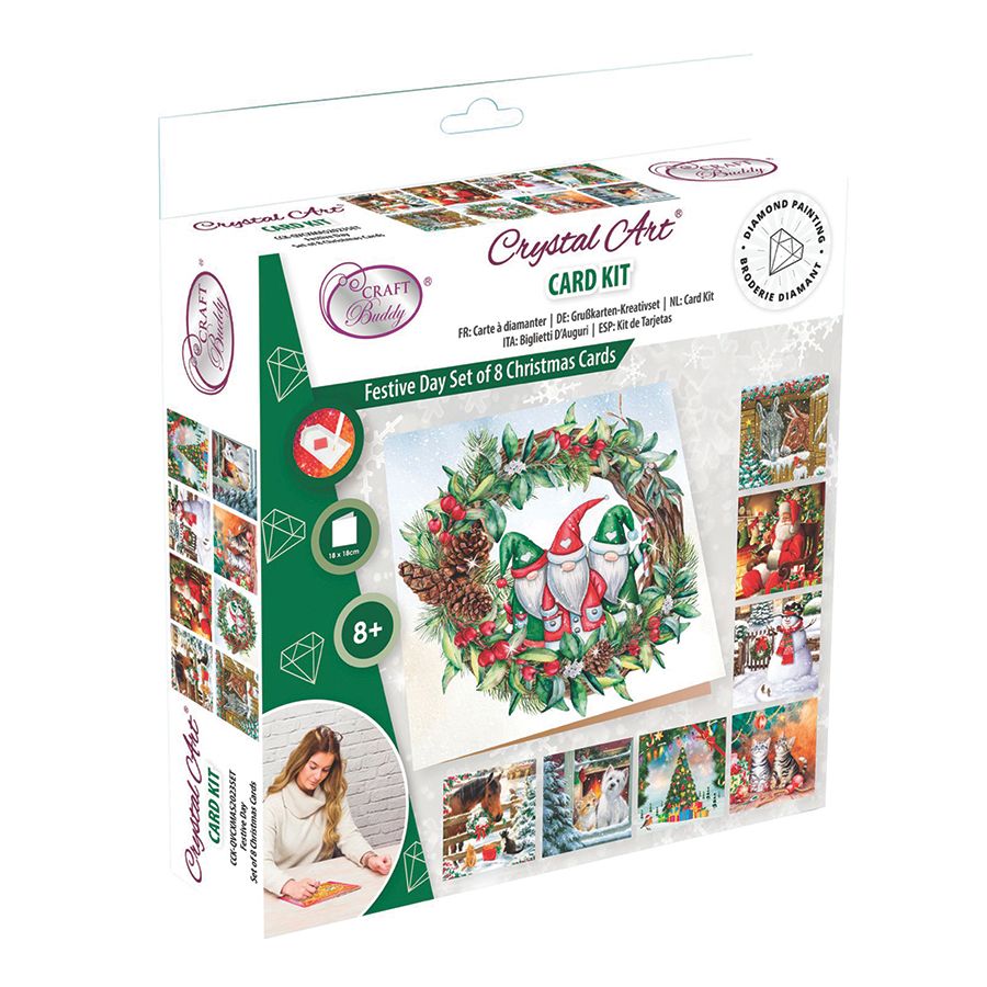 Crystal Art Christmas Card Box Set. This dazzling Christmas Card set is a collection of eight charming designs waiting to be adorned with sparkling crystals for an extra touch of holiday magic. Each card features a delightful scene capturing the essence of the season, perfect for spreading joy and cheer to friends and family. You'll get to choose from Christmas gnomes decorated on a wreath, donkeys in winter, Santa Claus in the Christmas spirit, kittens, dogs and more! Size 7"x7"