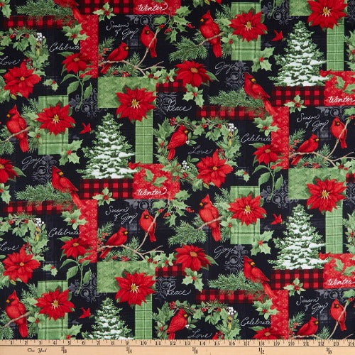 Large Patchwork Black - Christmas  From Wilmington Prints  By Susan Winget  Season of the Heart Collection  100% Cotton