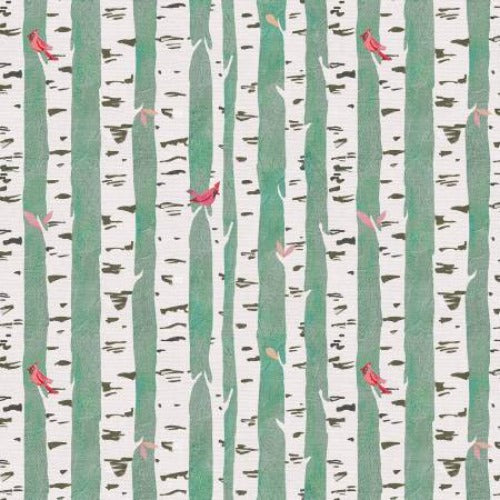 Mod Christmas Birds Birch Trees White/Green  From: Paintbrush Studio  By Amarilys Henderson  100% Cotton  44/45"