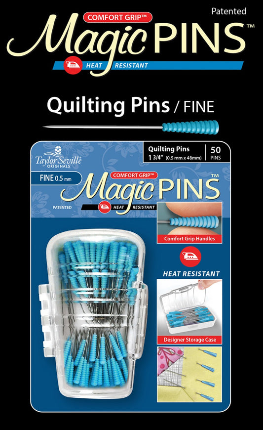 Magic Pins Quilting Fine 50pc with comfort grip and heat resistance make your sewing life easier. The pins come with a designer case for easier storage.