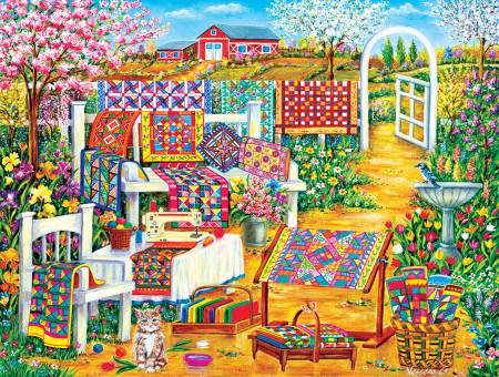 Garden Quilting 500 Piece Puzzle  By SunsOut  These puzzles are Eco-Friendly and made of Soy-Based Inks. They are made of recycled board and made in the USA. These interlocking pieces feature a durable construction. The large pieces make for an easy grip. It has 500 pieces.  Dimension: 18" x 24"