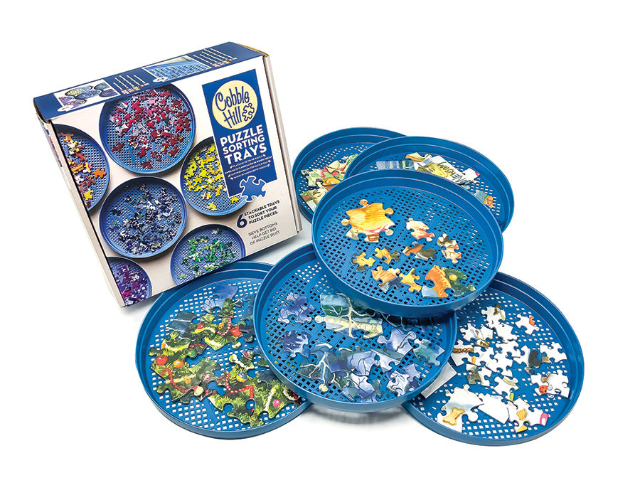 Puzzle Sorting Trays From Cobble Hill, Set of 6 stackable trays. Each tray is 8" diameter / 4" high when stacked