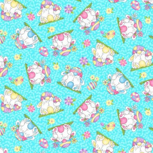 Blue Bunnies Tossed  From Henry Glass  By Shelly Comiskey  Hoppy Easter Gnomies Collection  100% Cotton