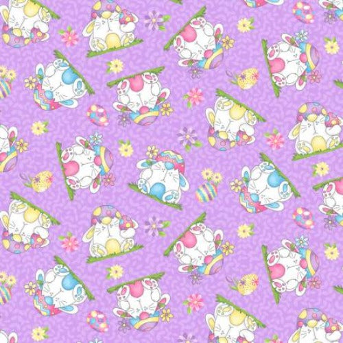 Lavender Bunnies Tossed  From Henry Glass  By Shelly Comiskey  Hoppy Easter Gnomies Collection  100% Cotton