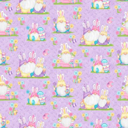 Lavender Easter Gnomies Scenic  From Henry Glass  By Shelly Comiskey  Hoppy Easter Gnomies Collection  100% Cotton 