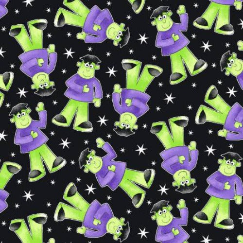 Black Tossed Frankenstein Glow in the Dark Fabric  From Henry Glass By Delphine Cubitt Here We Glow Collection  100% Cotton 44/45"