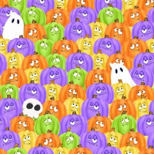 Multi Stacked Pumpkins & Ghosts Glow in the Dark Fabric  From Henry Glass  By Shelly Comiskey Glow Ghosts Glow in the Dark Collection 100% Cotton 44/45"