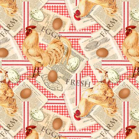 Red Chickens And Recipes On Gingham  From Timeless Treasures  100% Cotton  44/45"