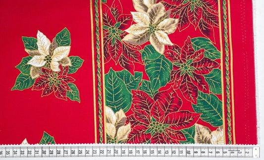 Christmas Tablecloth Sheeting- Red Poinsettia & Double-Edged Boarder 100% Cotton 57/58" wide