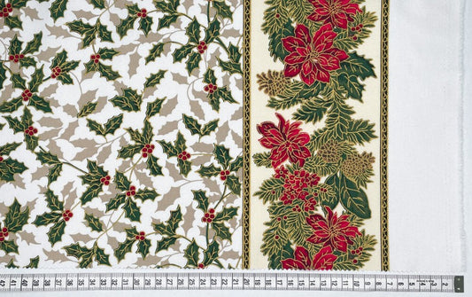 Christmas Tablecloth Sheeting - White  Holly - Double-Edged Boarder 100% Cotton