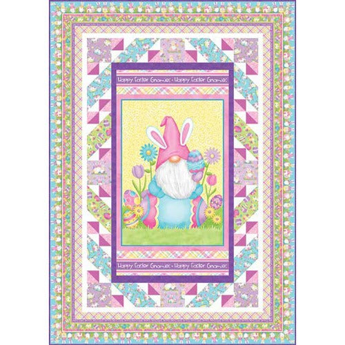 Hoppy Easter Gnomies Quilt Kit   Quilt Design by Heidi Pridemore  By Shelly Comiskey  Hoppy Easter Gnomies Collection  Kit inclues fabrics as shown to make the quilt top and binding.  Finished Quilt Size: 50" x 70"