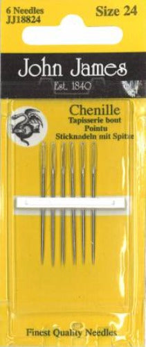 Chenille Needles - Size 24 - John James  Chenille sewing needles are large eye needles and are identical to a Tapestry or a Cross Stitch Needle in length and in diameter. 