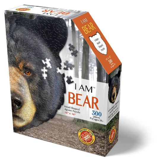 I Am Bear Puzzle 300 PC  From Madd Capp Puzzles  Unique head-shaped jigsaw puzzle.  Finished Size 16" x 16"  Recommended Age 10+  Fun Facts Included