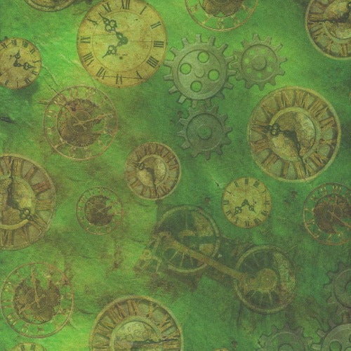 Steampunk Express Gears & Clocks - Green   From QT Fabrics  By Desiree's Designs  Steampunk Express Collection  100% Cotton  44/45"