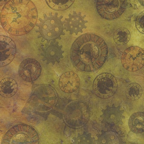 Steampunk Express Gears & Clocks Toss - Gold  From QT Fabrics  By Desiree's Designs  Steampunk Express Collection  100% Cotton  44/45"