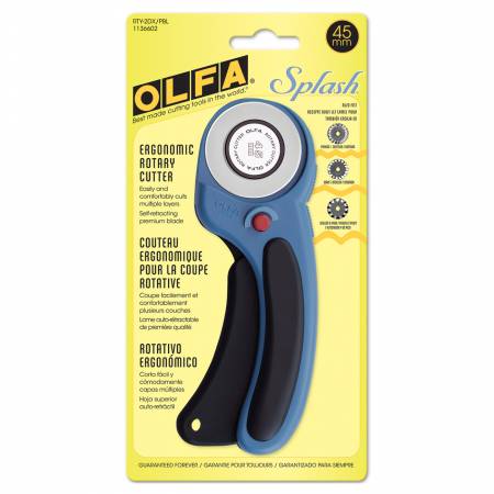 OLFA 45mm Ergonomic Rotary Cutter Pacific Blue  The most popular size and handle in Pacific Blue. Features curved handle with squeeze trigger to lessen hand fatigue. Dual action safety lock Cuts multiple layers of fabric at once. Designed for both right and left handed use Lifetime Guarantee. Auto Retract Blade for safety.