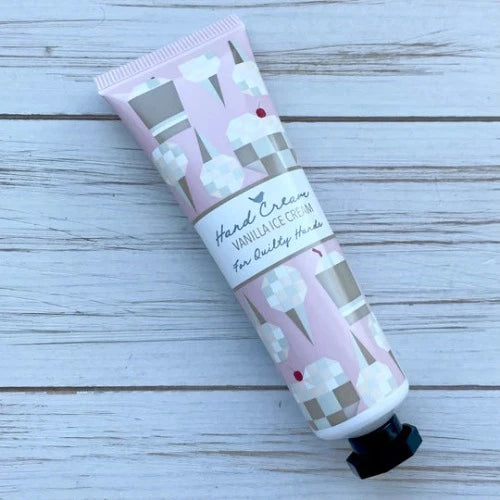 Riley Blake Designs - Quilty Hands Hand Cream shown in Vanilla Ice Cream Scent. Each tube has a twist-off lid and contains 30 ml of hand cream.