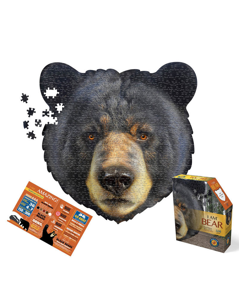 I Am Bear Puzzle 300 PC  From Madd Capp Puzzles  Unique head-shaped jigsaw puzzle.  Finished Size 16" x 16"  Recommended Age 10+  Fun Facts Included