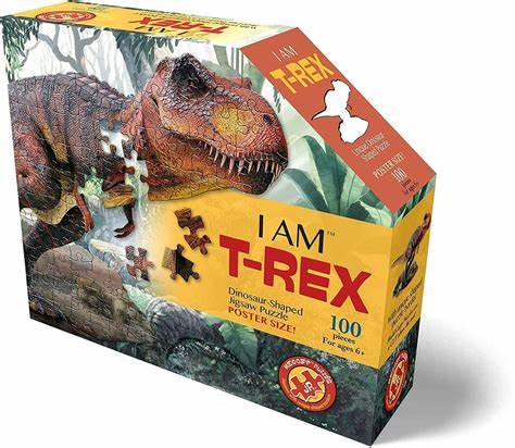 I Am T-Rex 100 PC  From Madd Capp  Dinosaur-shapped jigsaw puzzle  Poster Size 38" x 22"  Recommended Age 6+  Fun Facts Includ
